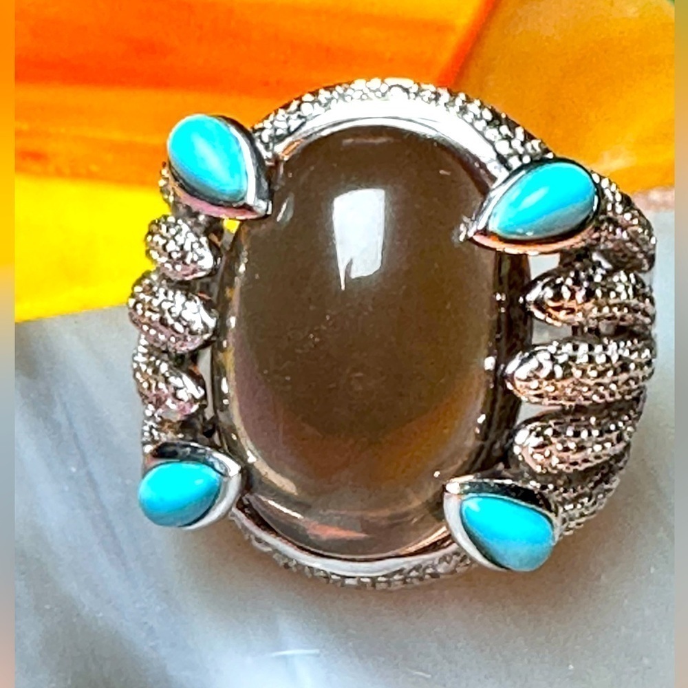 HSN Sally C Treasures Brown Agate & Turquoise 8 Sterling Silver Ring 4080